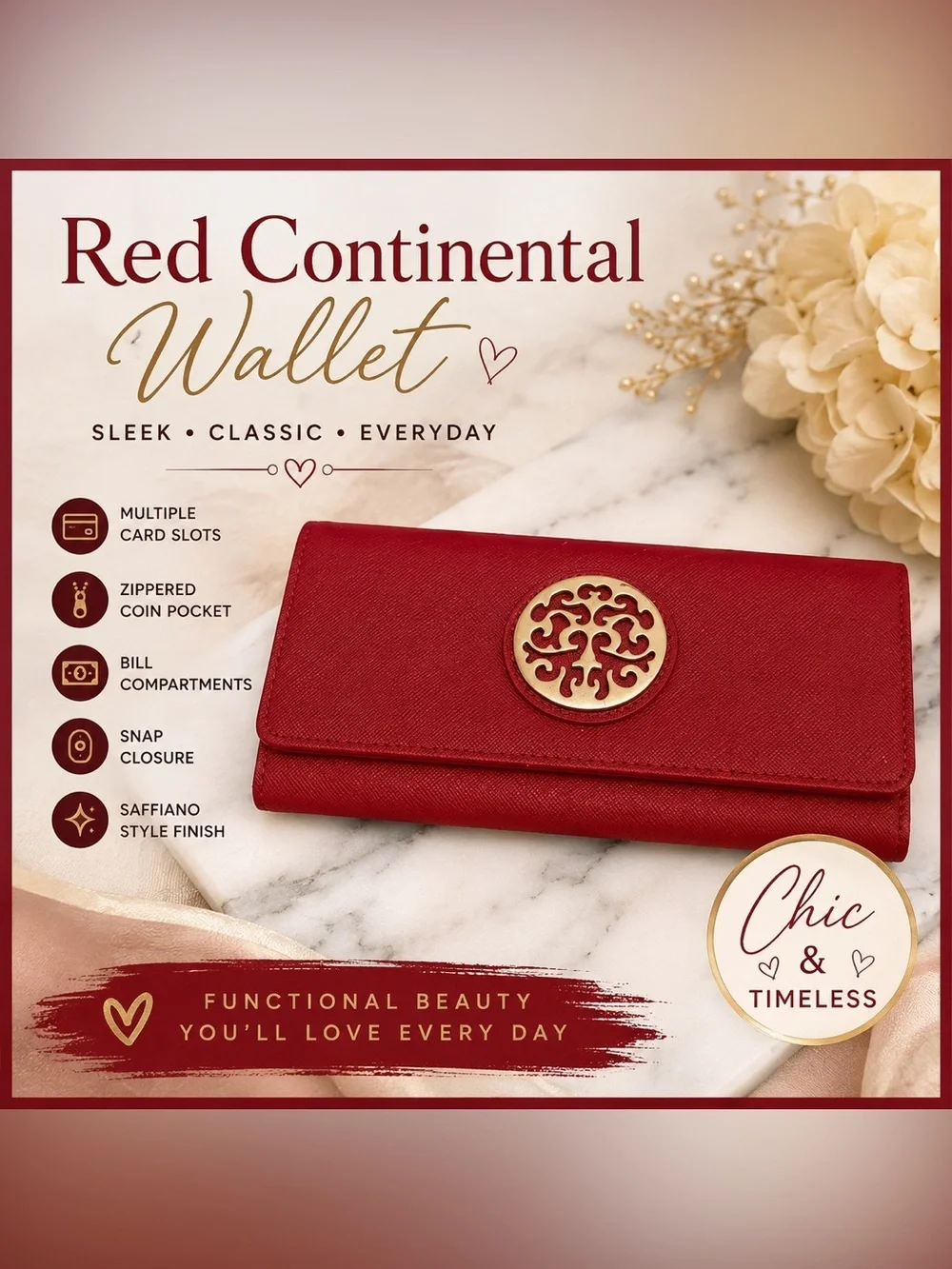 Red Saffiano Vegan Leather Style Continental Wallet Gold Medallion Snap Closure
